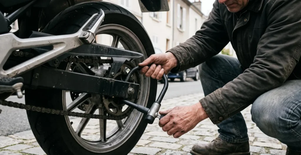 Propriétaire de moto installant un antivol en U sur la roue arrière de son deux-roues Propriétaire de moto installant un antivol en U sur la roue arrière de son deux-roues