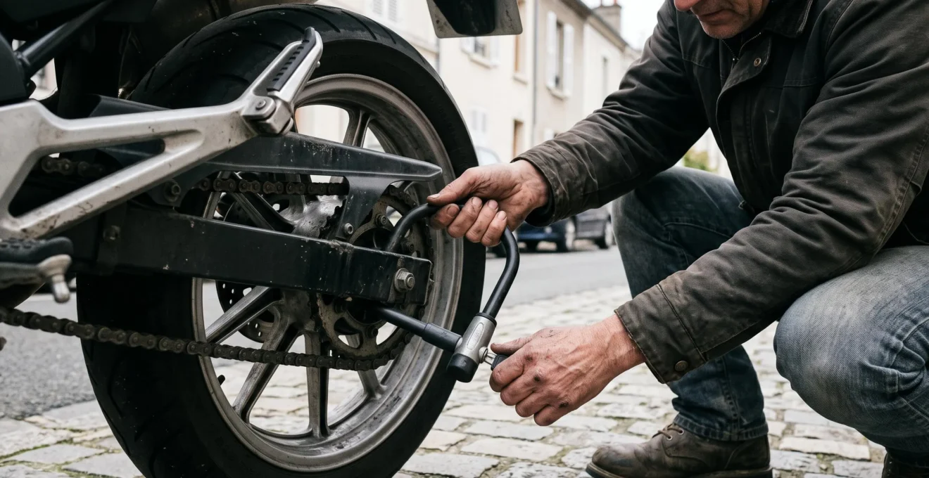 Propriétaire de moto installant un antivol en U sur la roue arrière de son deux-roues