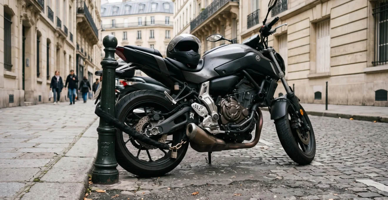 Moto moderne sécurisée par une chaîne antivol dans une rue urbaine française