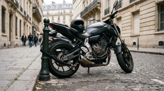 Moto moderne sécurisée par une chaîne antivol dans une rue urbaine française