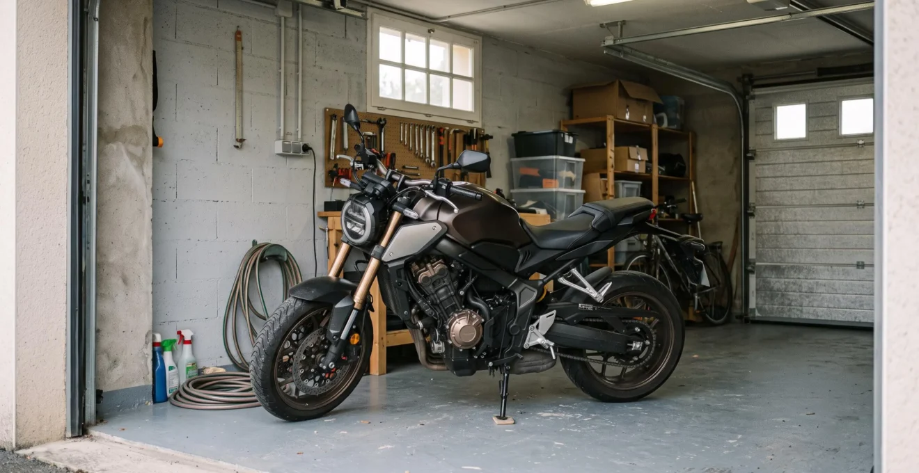 Moto garée dans un garage résidentiel privé sécurisé