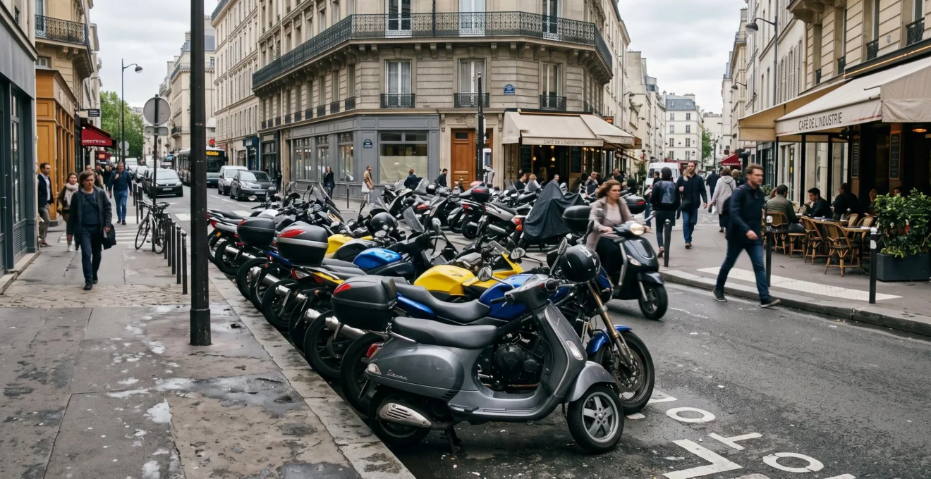 Plusieurs motos et scooters garés dans une zone de stationnement deux-roues en milieu urbain français